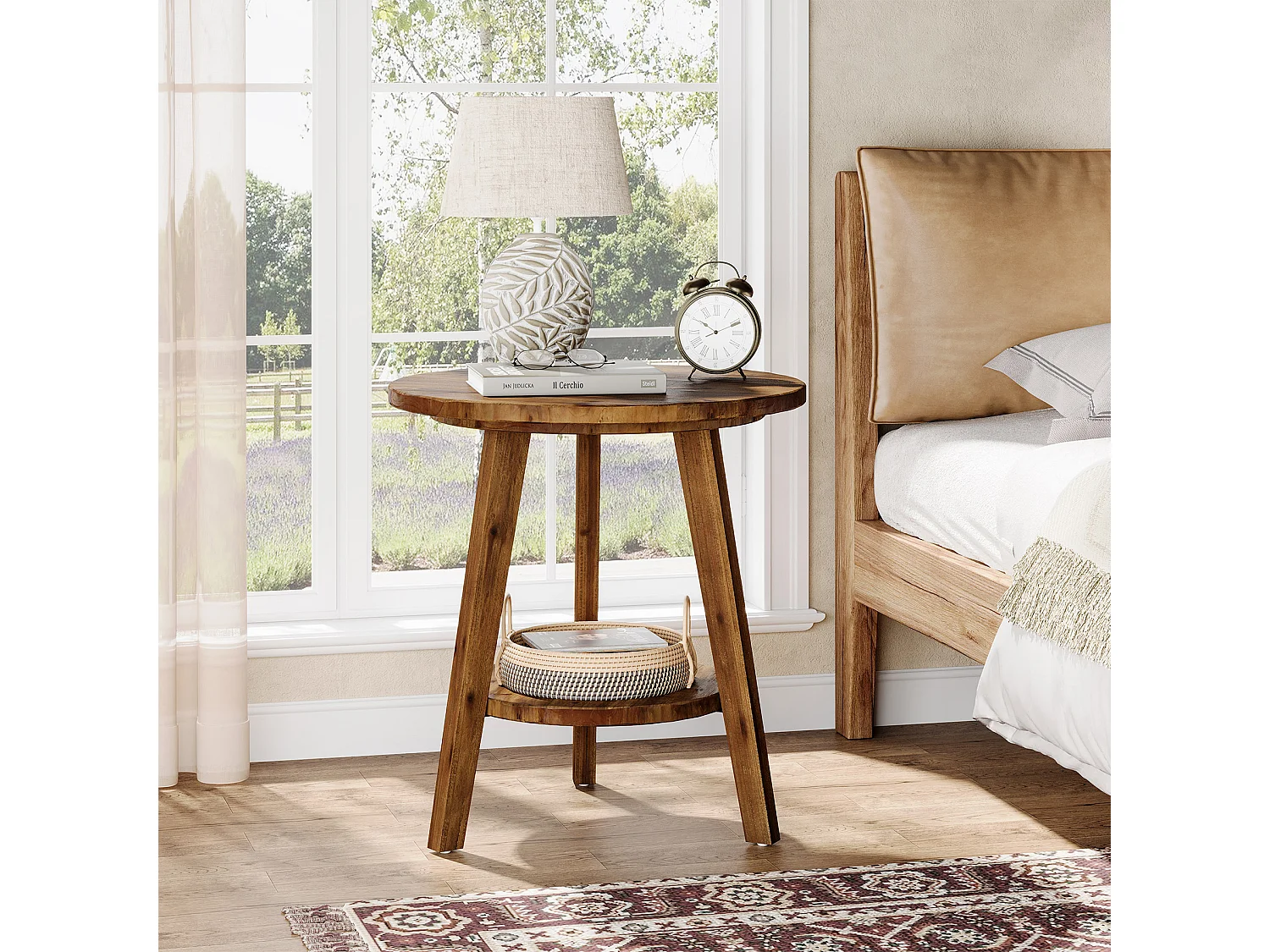 Table d'appoint ronde en bois massif de 60 cm, table de chevet avec étagère de rangement, style campagnard