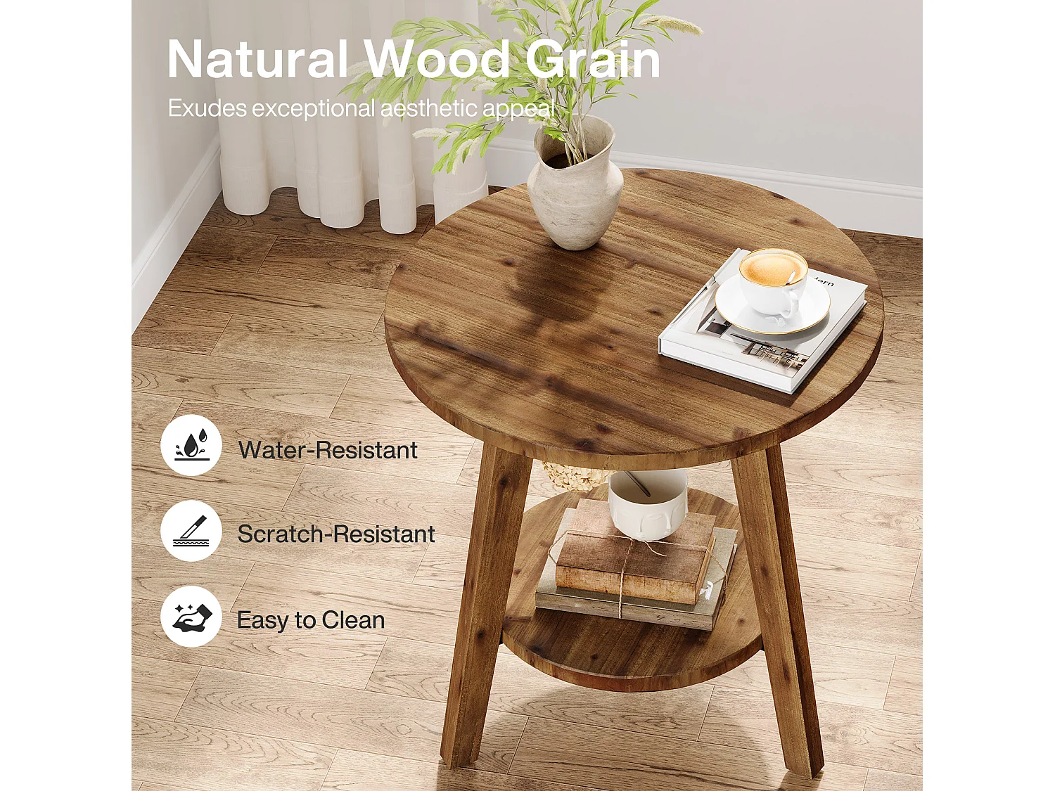 Table d'appoint ronde en bois massif de 60 cm, table de chevet avec étagère de rangement, style campagnard