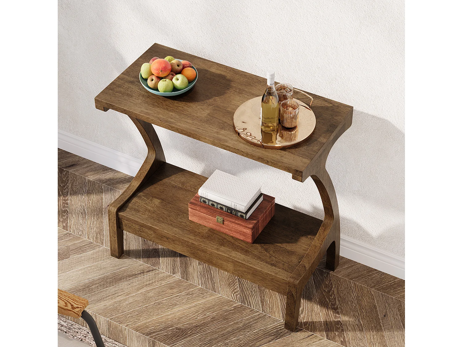 Table d'appoint en bois massif avec étagère de rangement, petite table d'appoint pour salon, chambre
