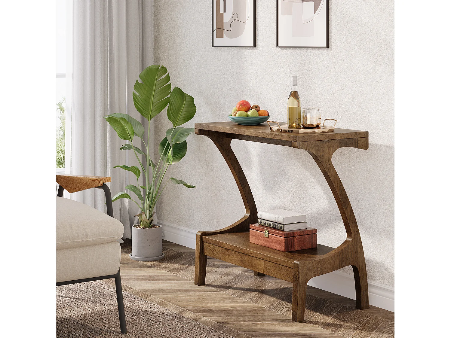 Table d'appoint en bois massif avec étagère de rangement, petite table d'appoint pour salon, chambre