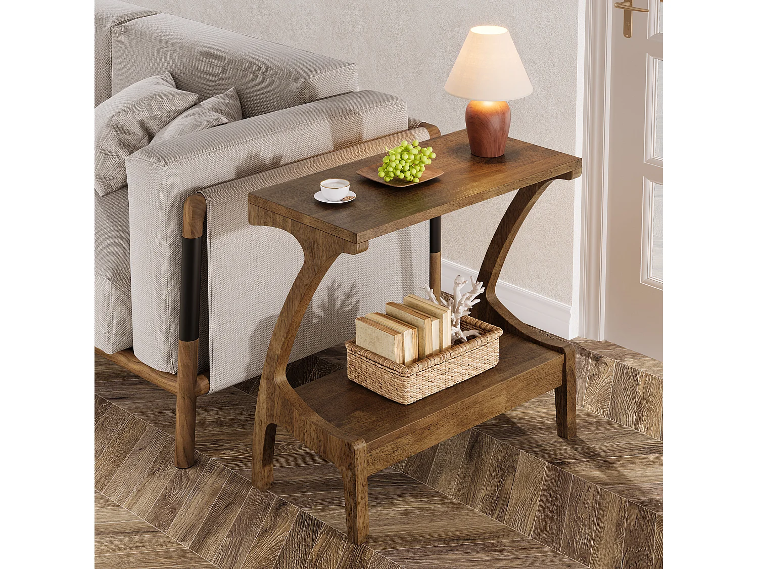 Table d'appoint en bois massif avec étagère de rangement, petite table d'appoint pour salon, chambre