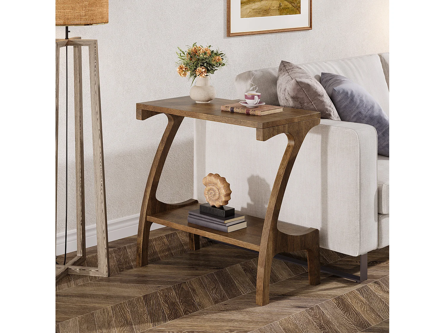 Table d'appoint en bois massif avec étagère de rangement, petite table d'appoint pour salon, chambre