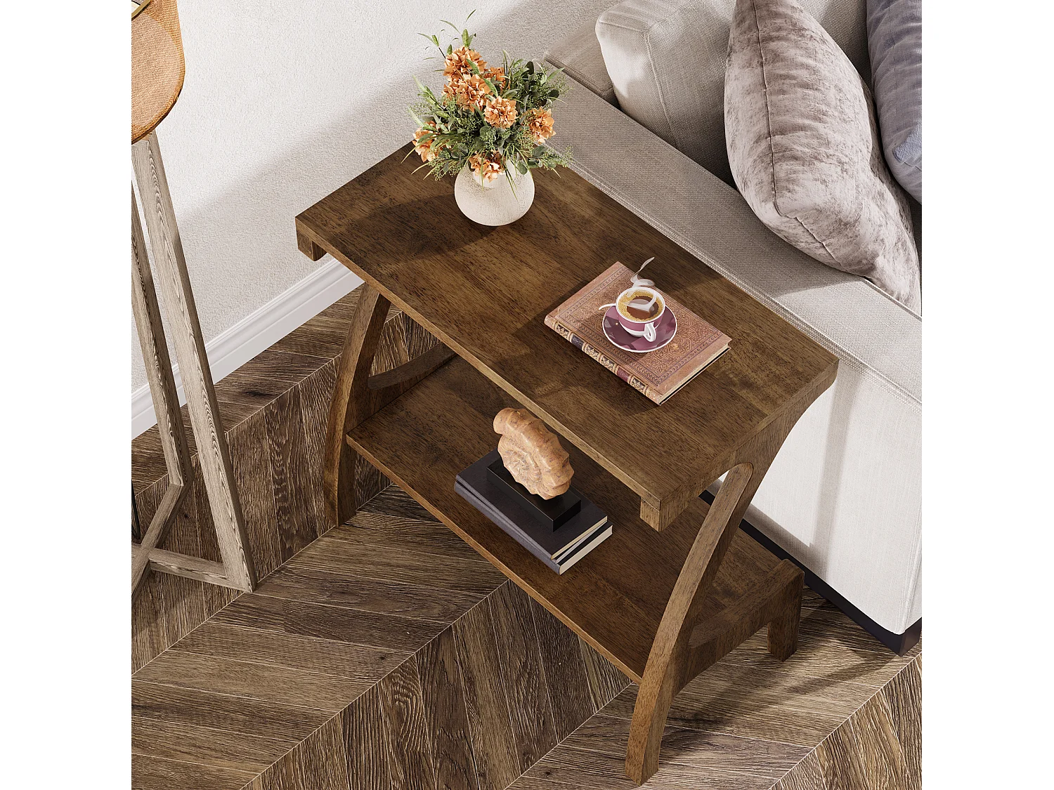 Table d'appoint en bois massif avec étagère de rangement, petite table d'appoint pour salon, chambre