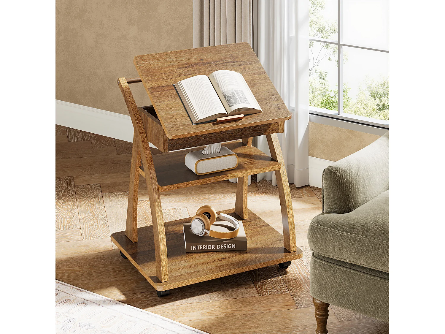 Table d'appoint à roulettes, table basse à 3 niveaux pour canapé avec plateau réglable, plateau TV roulant pour petits espaces