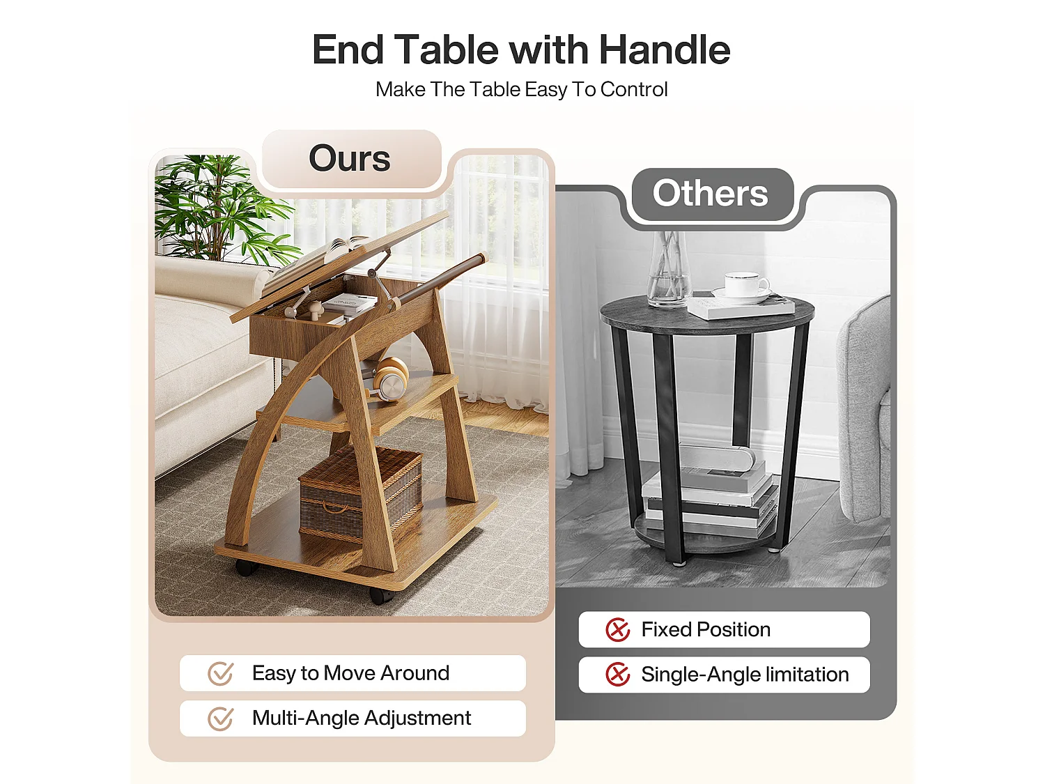 Table d'appoint à roulettes, table basse à 3 niveaux pour canapé avec plateau réglable, plateau TV roulant pour petits espaces