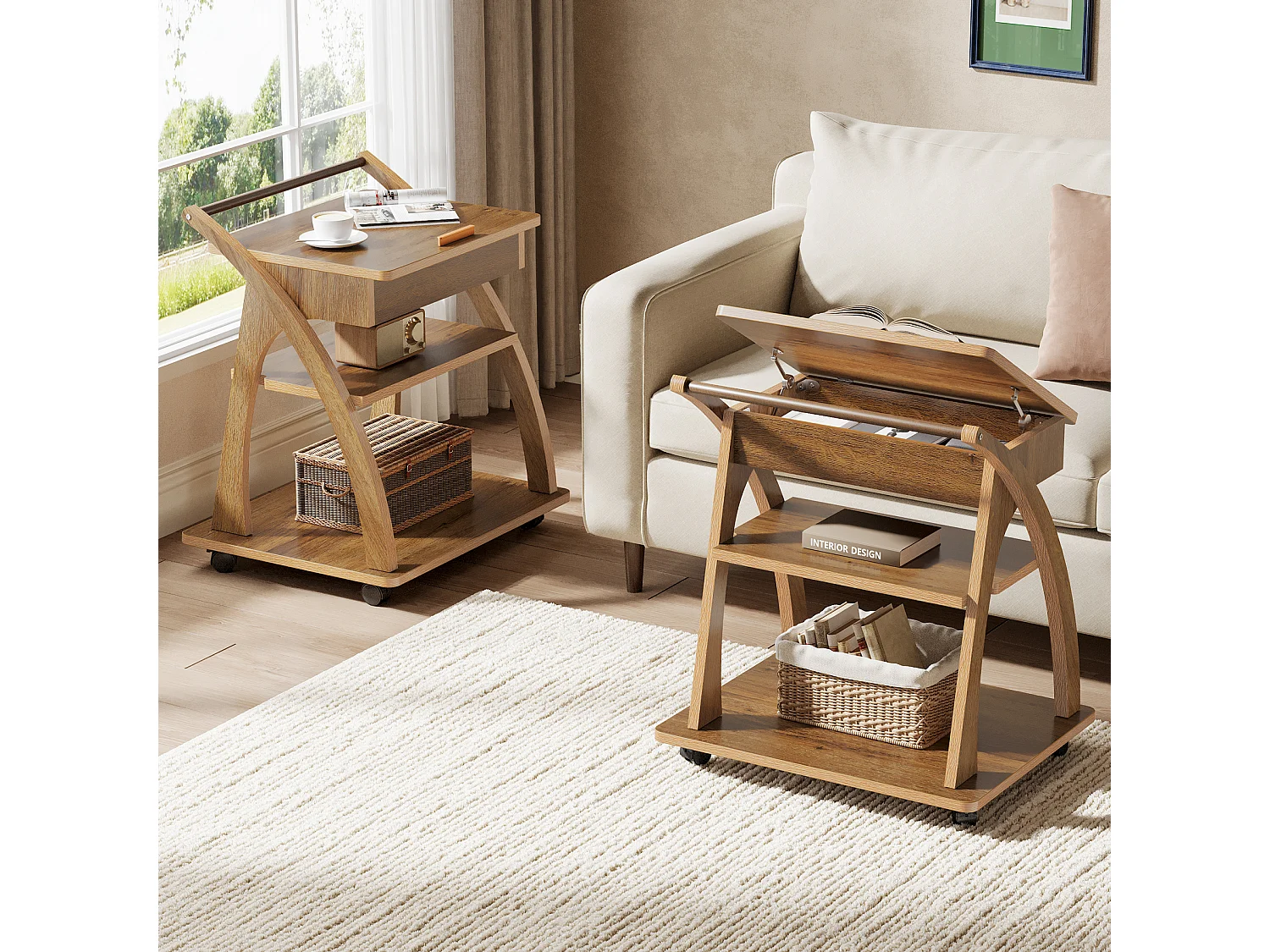 Table d'appoint à roulettes, table basse à 3 niveaux pour canapé avec plateau réglable, plateau TV roulant pour petits espaces