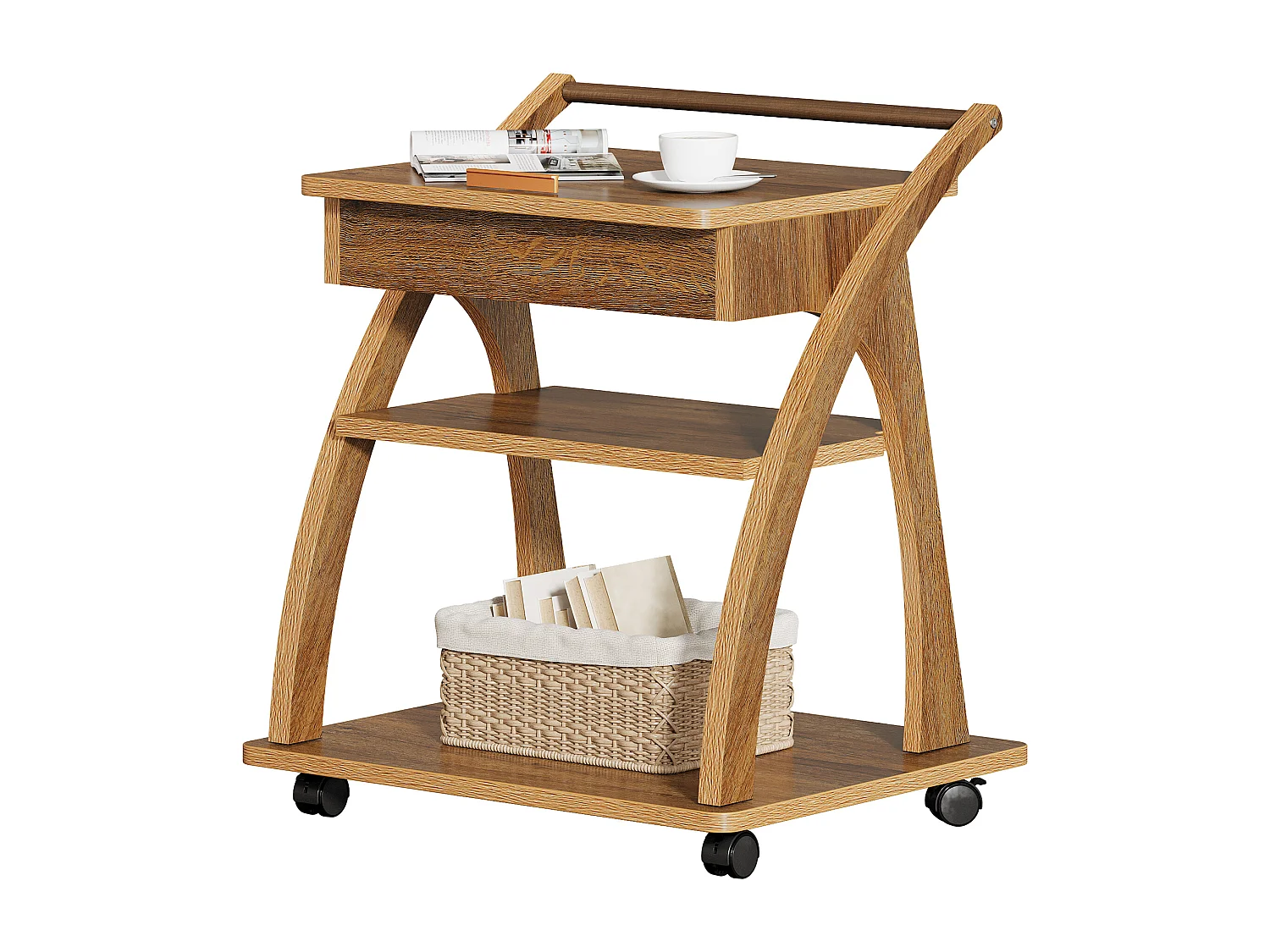 Table d'appoint à roulettes, table basse à 3 niveaux pour canapé avec plateau réglable, plateau TV roulant pour petits espaces