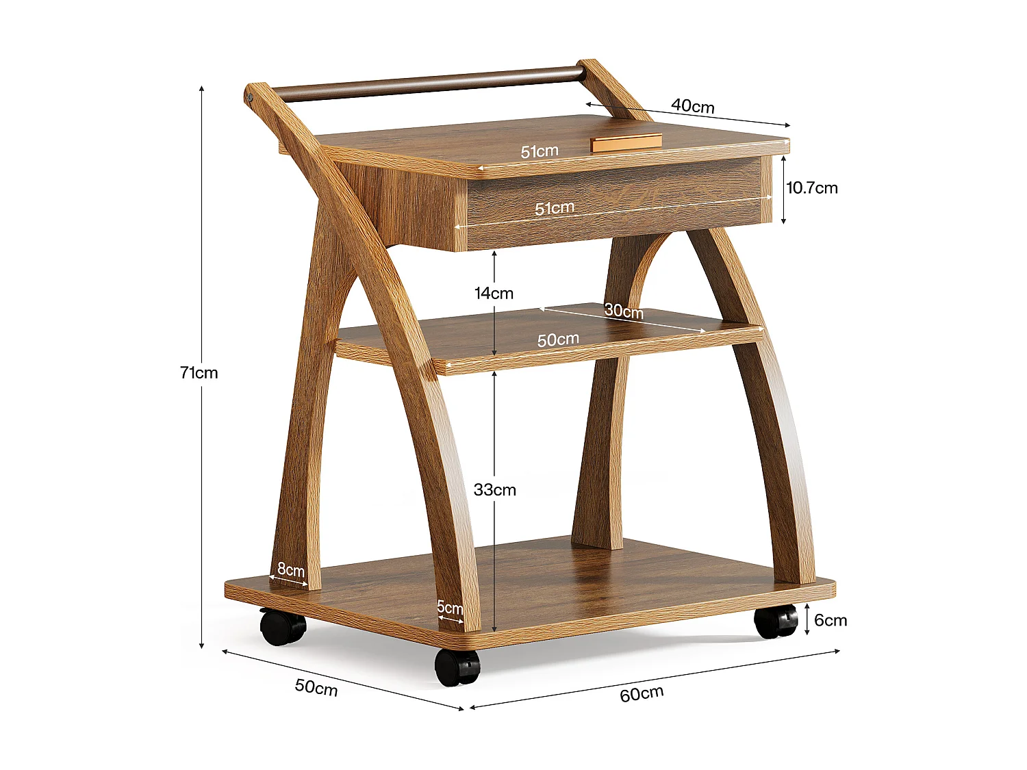 Table d'appoint à roulettes, table basse à 3 niveaux pour canapé avec plateau réglable, plateau TV roulant pour petits espaces