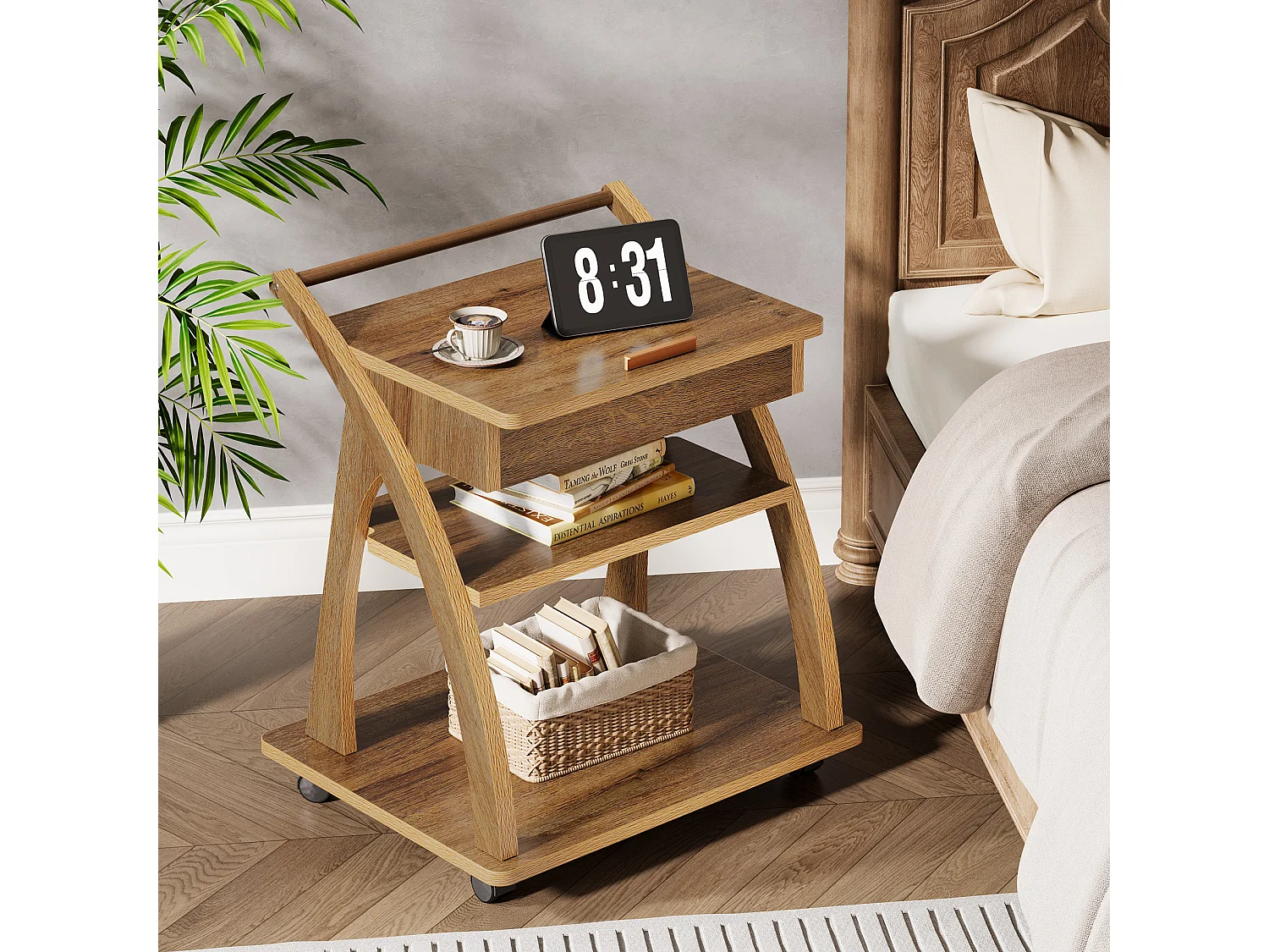 Table d'appoint à roulettes, table basse à 3 niveaux pour canapé avec plateau réglable, plateau TV roulant pour petits espaces