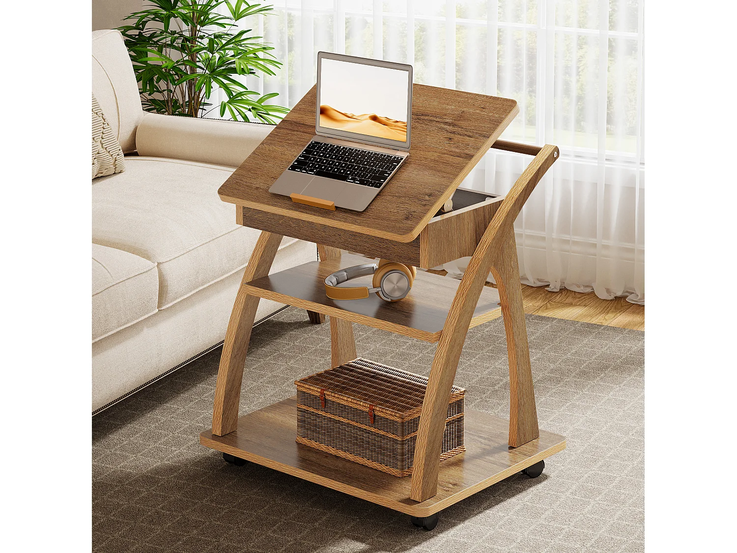 Table d'appoint à roulettes, table basse à 3 niveaux pour canapé avec plateau réglable, plateau TV roulant pour petits espaces