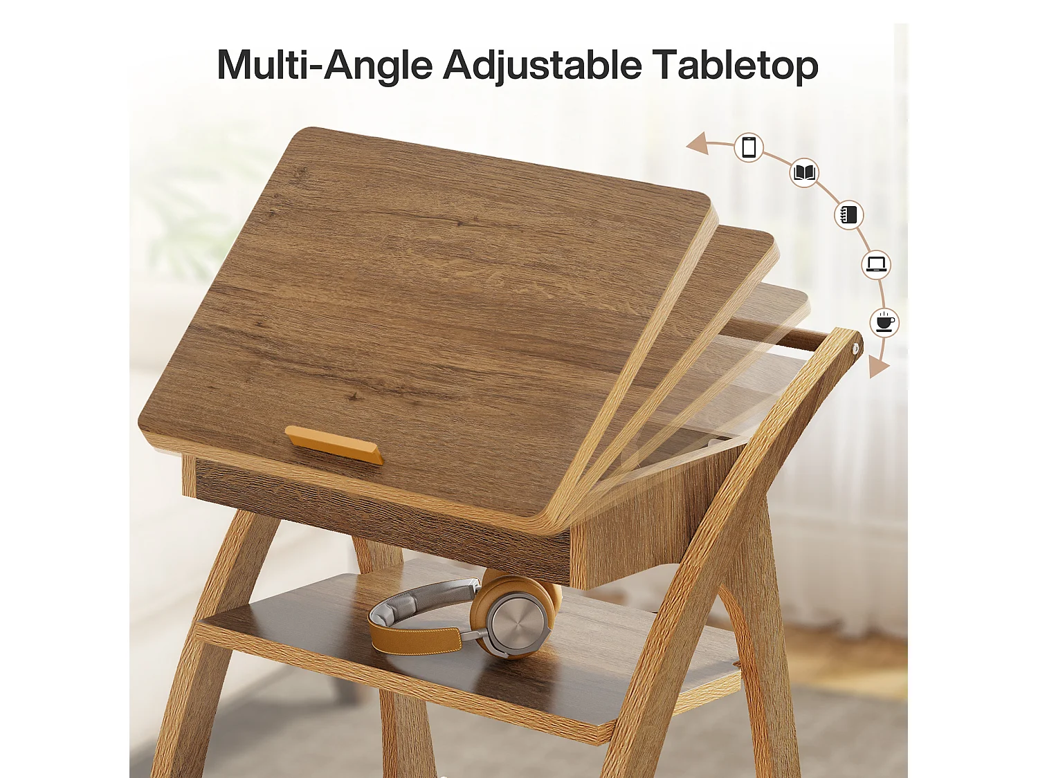 Table d'appoint à roulettes, table basse à 3 niveaux pour canapé avec plateau réglable, plateau TV roulant pour petits espaces
