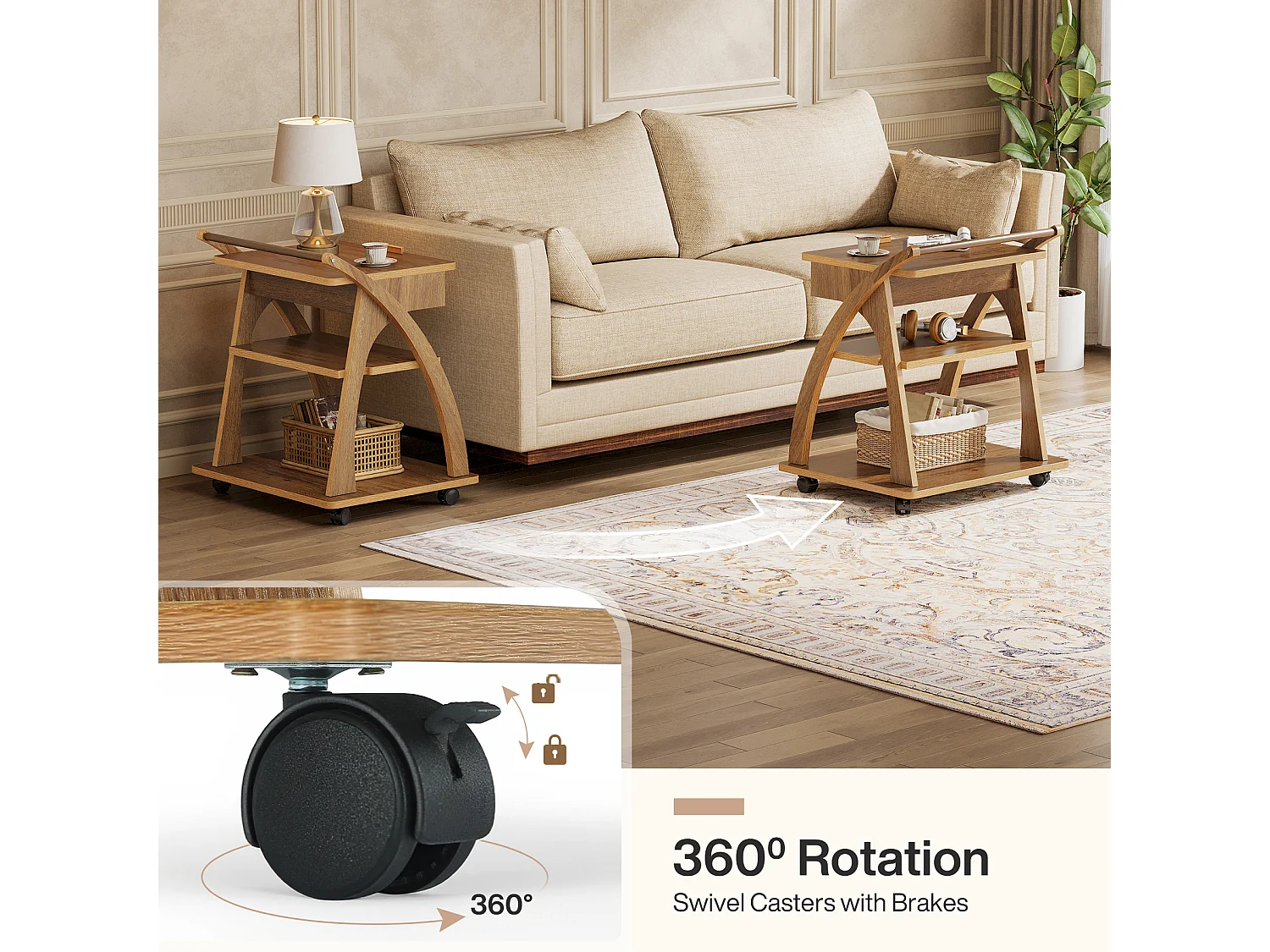 Table d'appoint à roulettes, table basse à 3 niveaux pour canapé avec plateau réglable, plateau TV roulant pour petits espaces