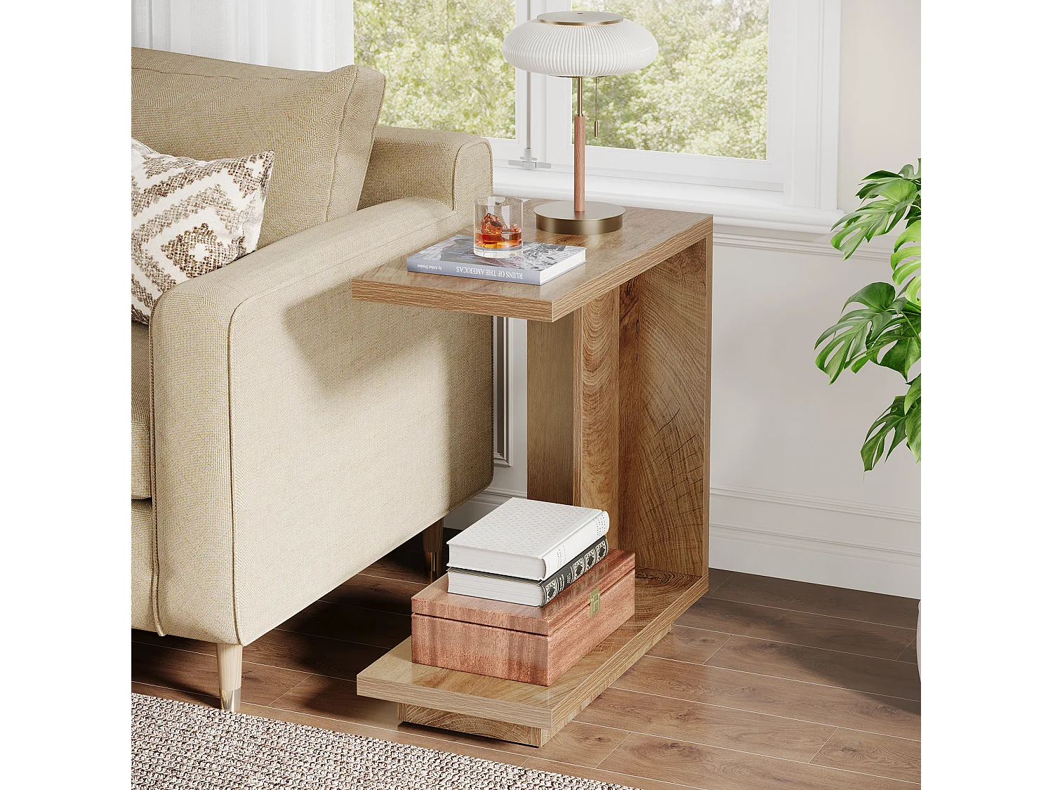 Tavolino laterale a forma di C per divano, tavolo a C a 2 livelli con piedistallo robusto