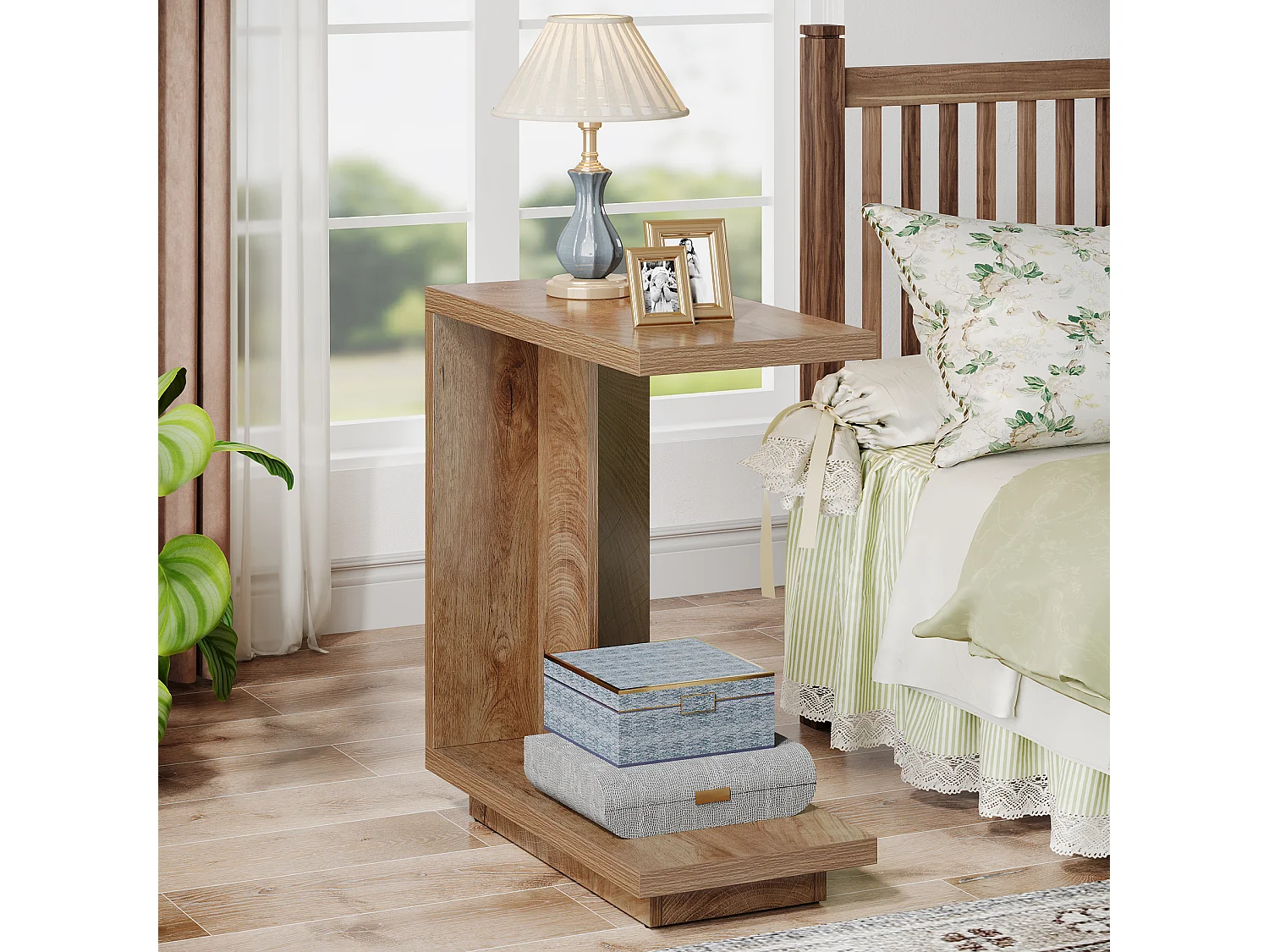 Tavolino laterale a forma di C per divano, tavolo a C a 2 livelli con piedistallo robusto