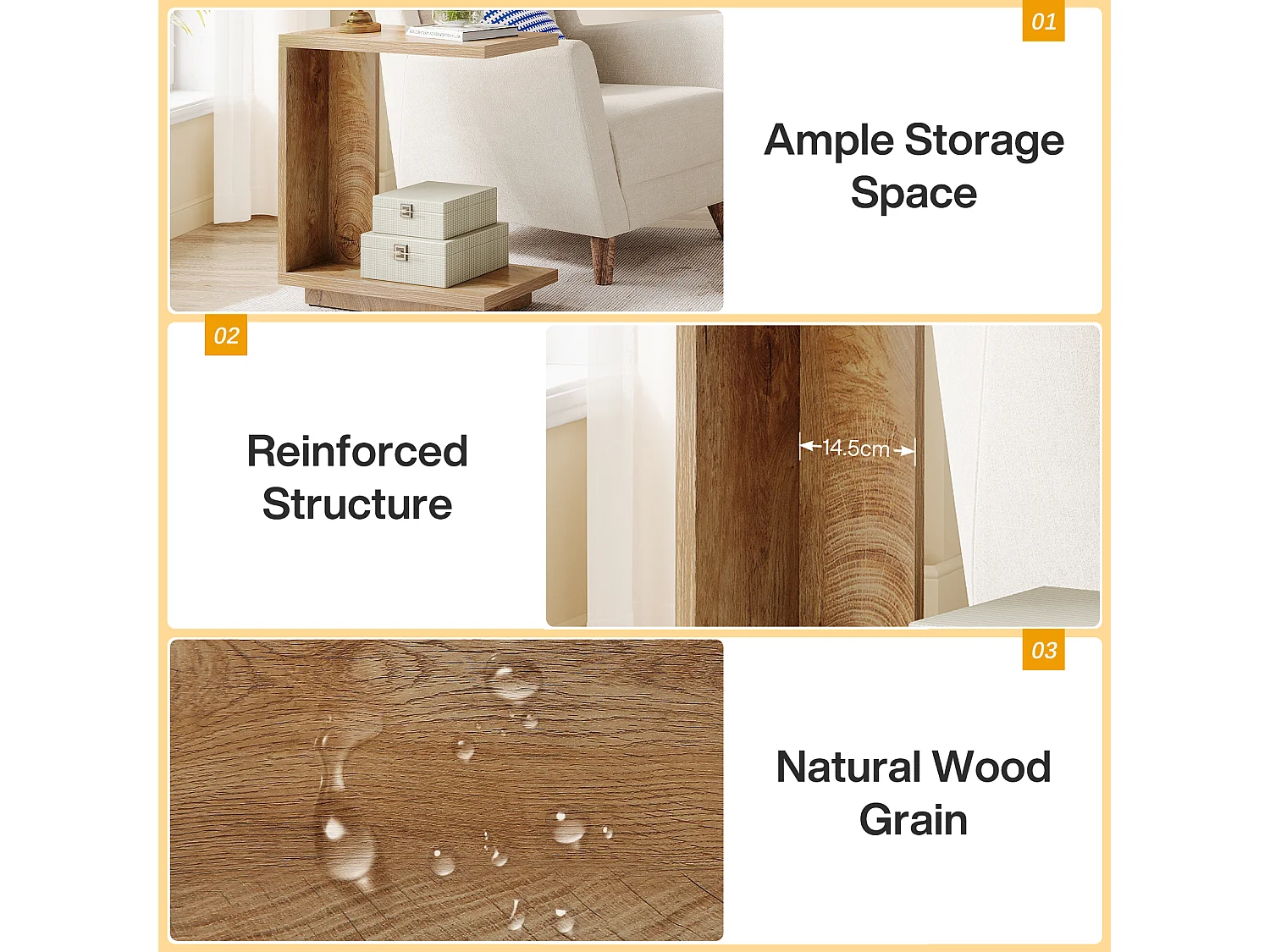 Tavolino laterale a forma di C per divano, tavolo a C a 2 livelli con piedistallo robusto