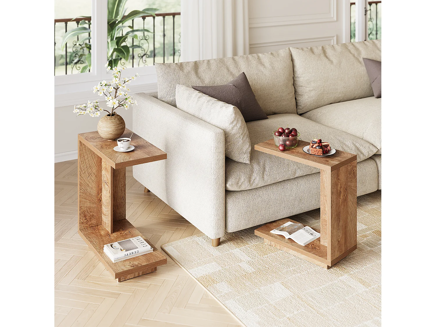 Tavolino laterale a forma di C per divano, tavolo a C a 2 livelli con piedistallo robusto