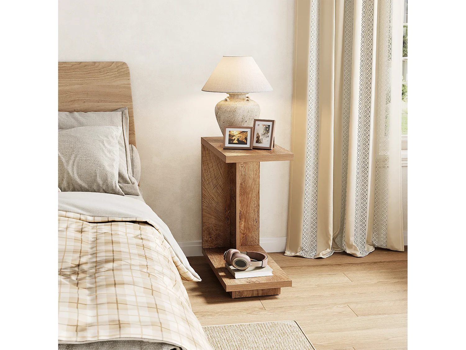 Tavolino laterale a forma di C per divano, tavolo a C a 2 livelli con piedistallo robusto