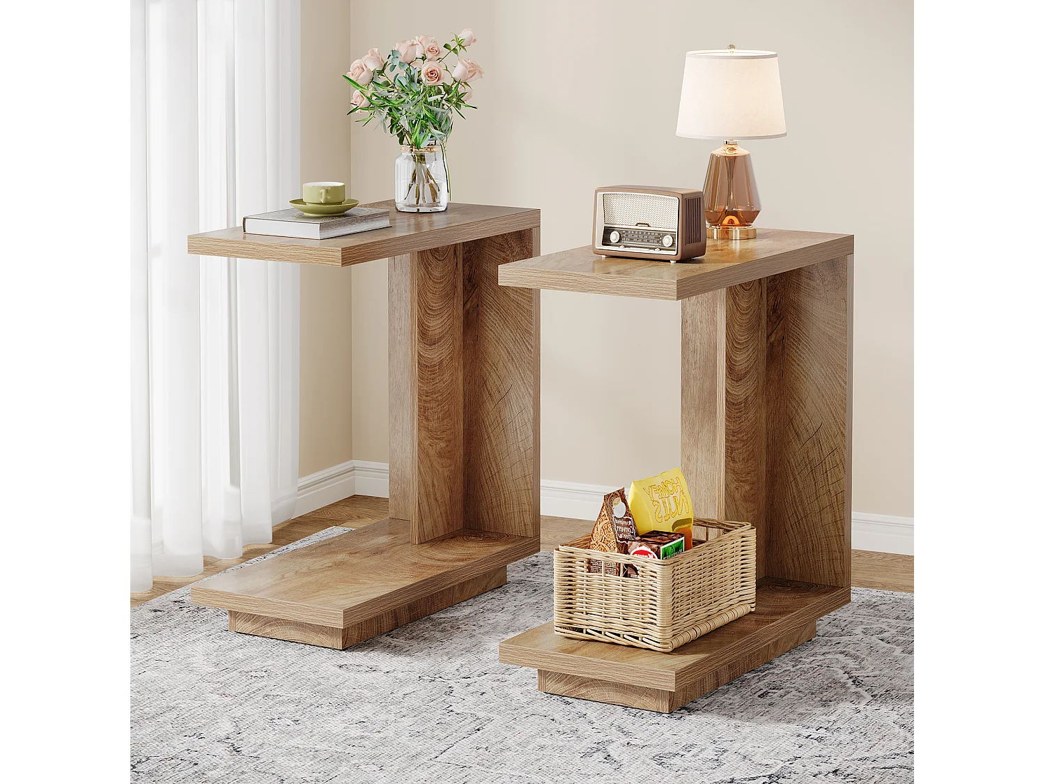 Tavolino laterale a forma di C per divano, tavolo a C a 2 livelli con piedistallo robusto