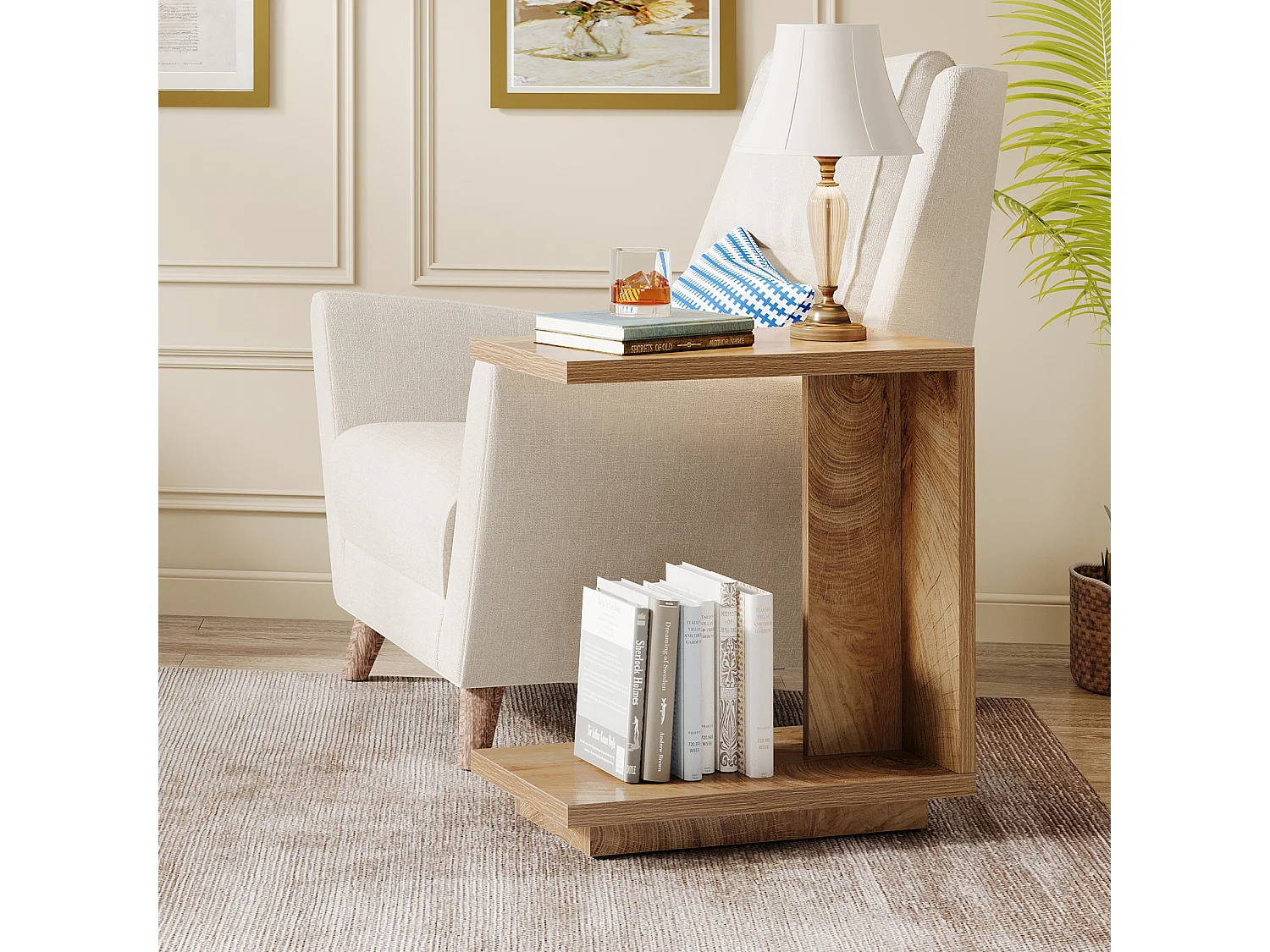 Tavolino laterale a forma di C per divano, tavolo a C a 2 livelli con piedistallo robusto