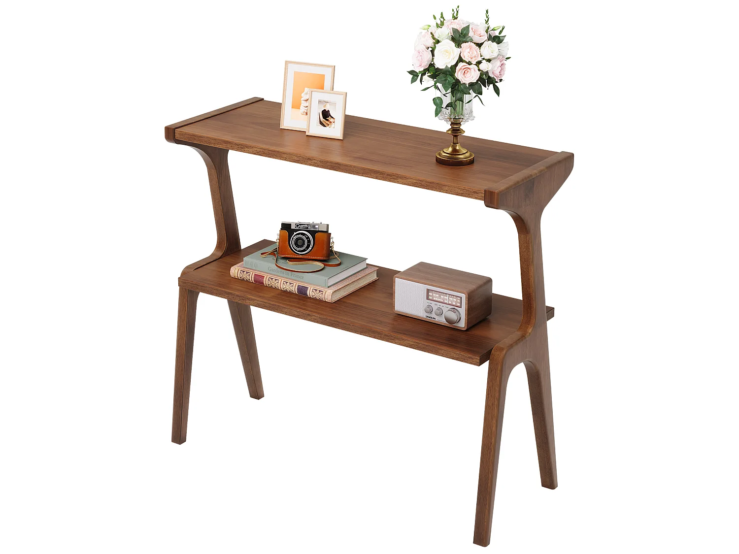 Table d'appoint en bois massif, table de chevet à 2 niveaux avec étagère de rangement, table de chevet fine et moderne en bois