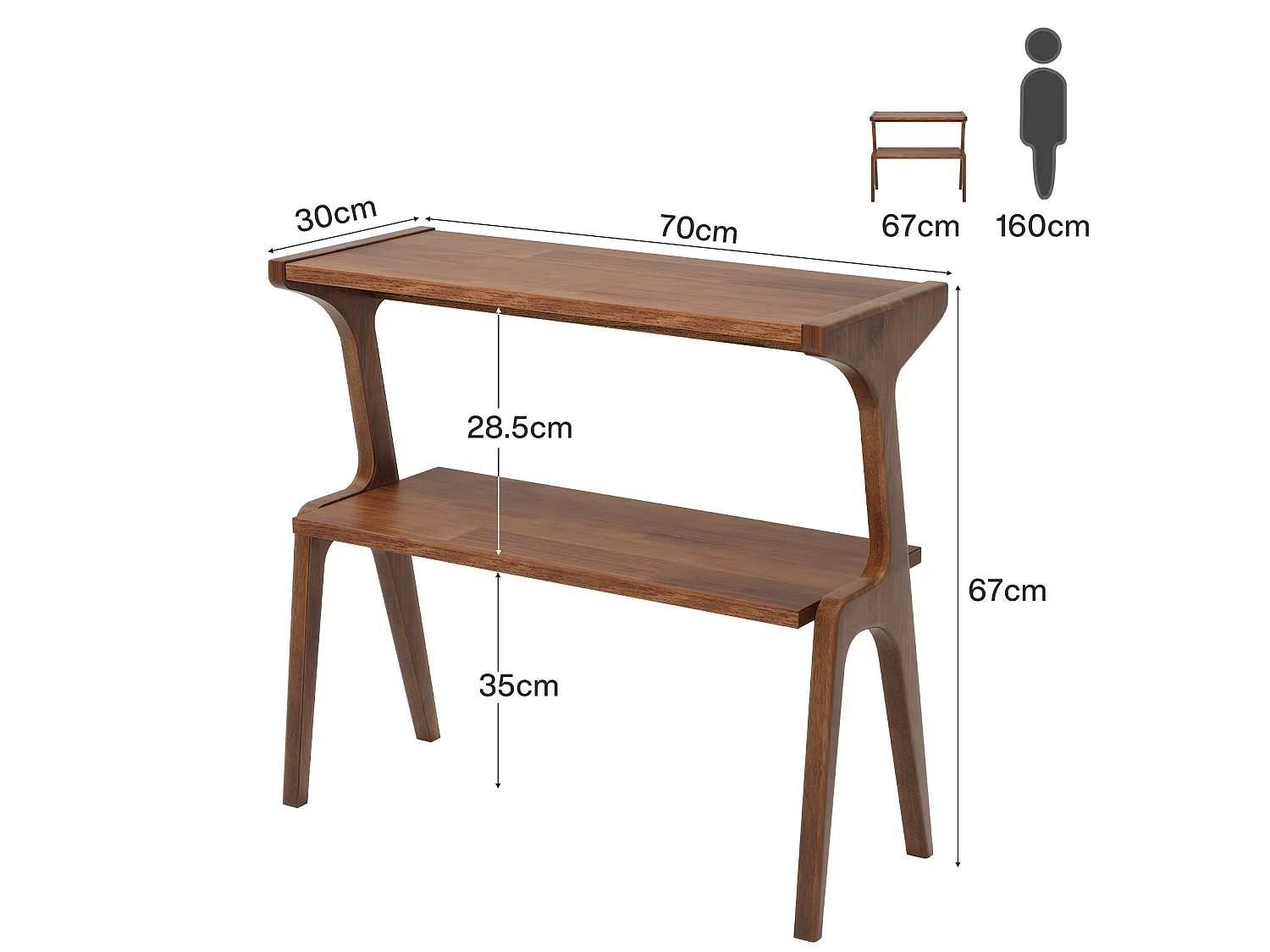 Table d'appoint en bois massif, table de chevet à 2 niveaux avec étagère de rangement, table de chevet fine et moderne en bois