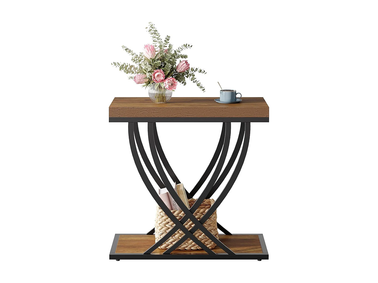 Nebentisch, 2-stufiger schmaler Beistelltisch für das Wohnzimmer, industrieller Nachttisch mit Metallrahmen