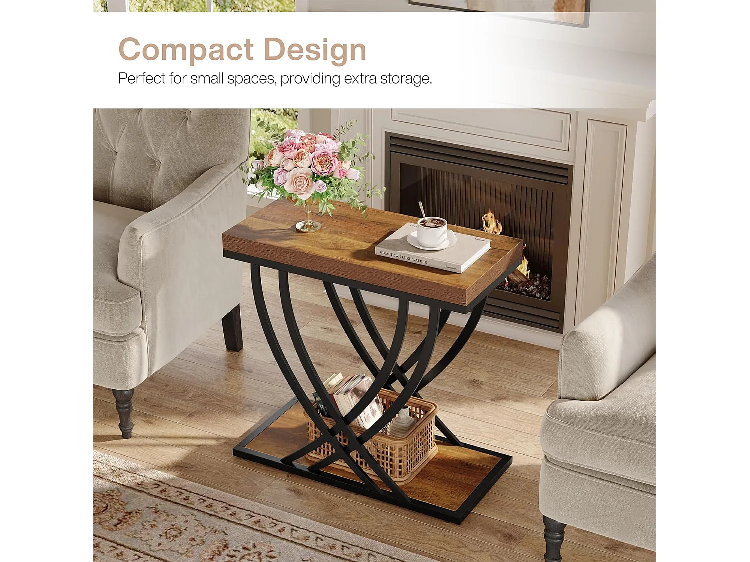 Nebentisch, 2-stufiger schmaler Beistelltisch für das Wohnzimmer, industrieller Nachttisch mit Metallrahmen