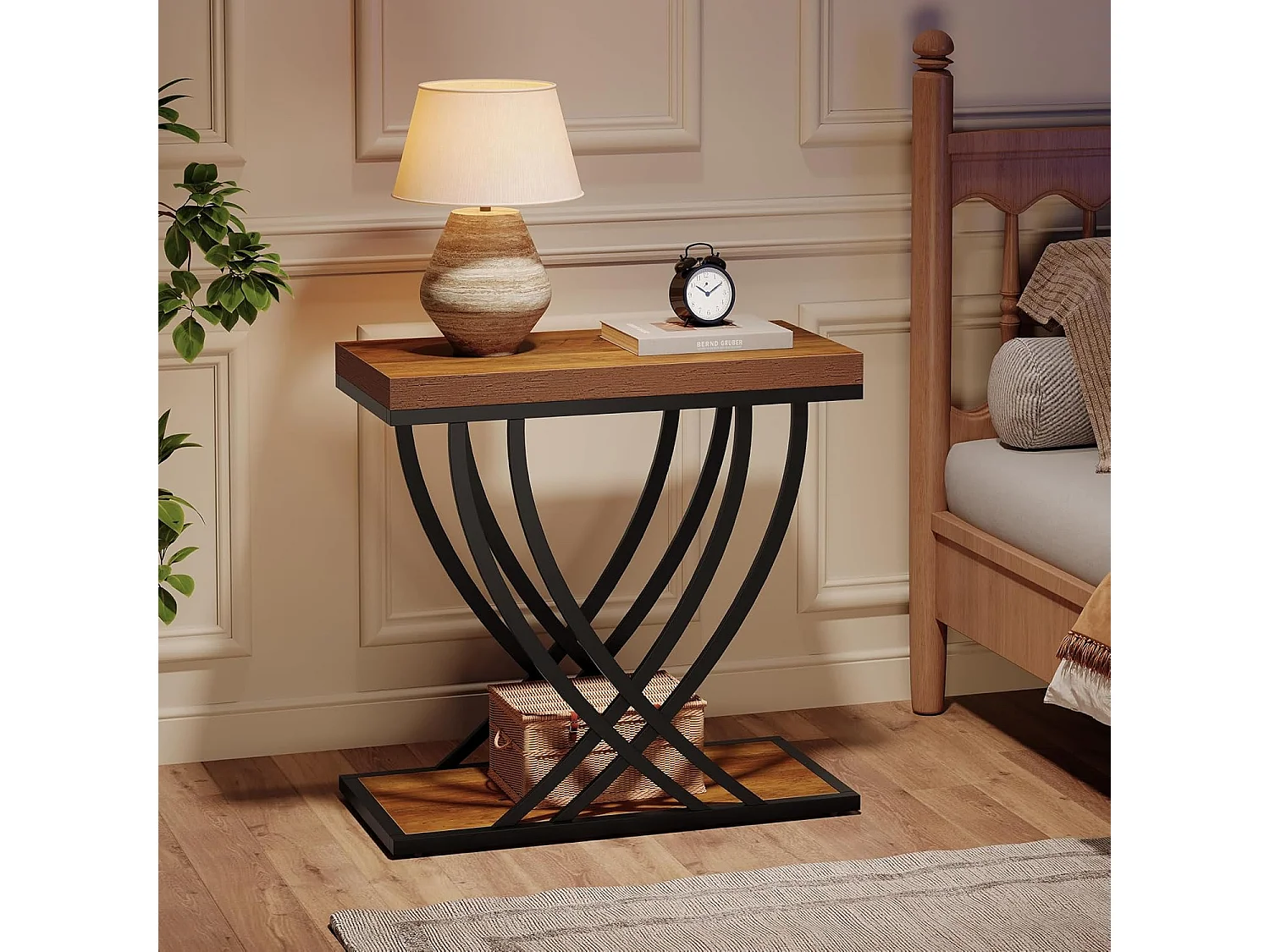 Nebentisch, 2-stufiger schmaler Beistelltisch für das Wohnzimmer, industrieller Nachttisch mit Metallrahmen