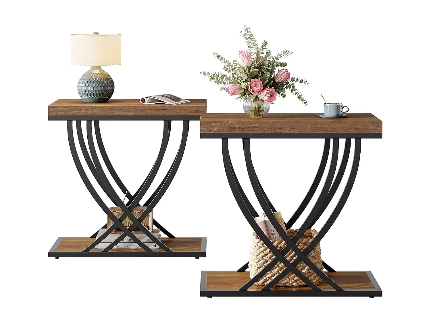 Nebentisch, 2-stufiger schmaler Beistelltisch für das Wohnzimmer, industrieller Nachttisch mit Metallrahmen