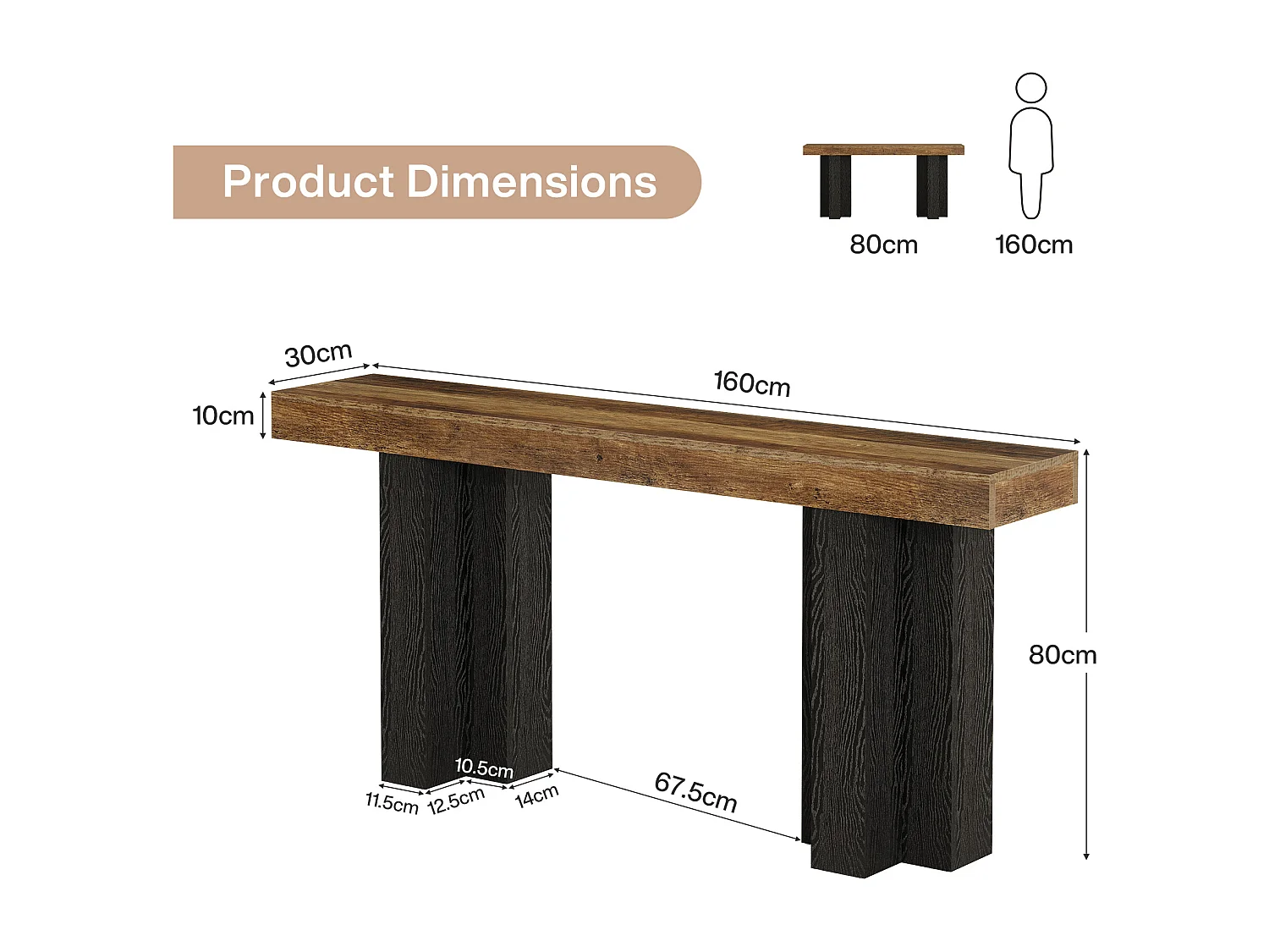 160 cm hohe Konsole für die Eingangshalle, ländliche Eingangshalle-Tafel mit stabilen Beinen, schmale lange Sofa-Konsole hinter der Couch