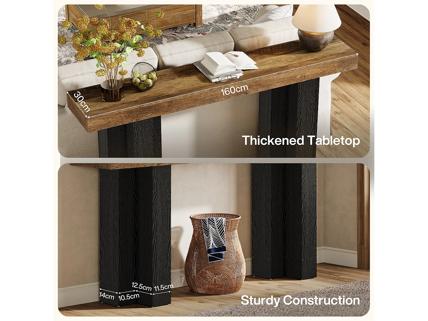 Stolik konsolowy 160 cm do przedpokoju, stolik do przedpokoju w stylu rustykalnym z solidnymi nogami, wąska, długa konsola do sofy za kanapą