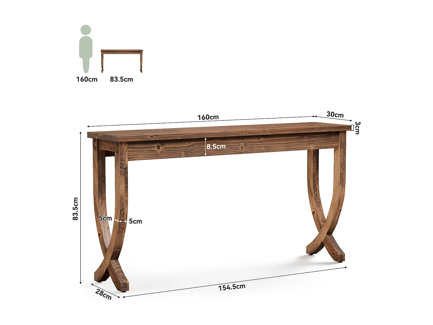 Mesa de Consola de Madeira Sólida 160cm, Mesa de Entrada no Estilo Rural, Mesa Longa para Sofá