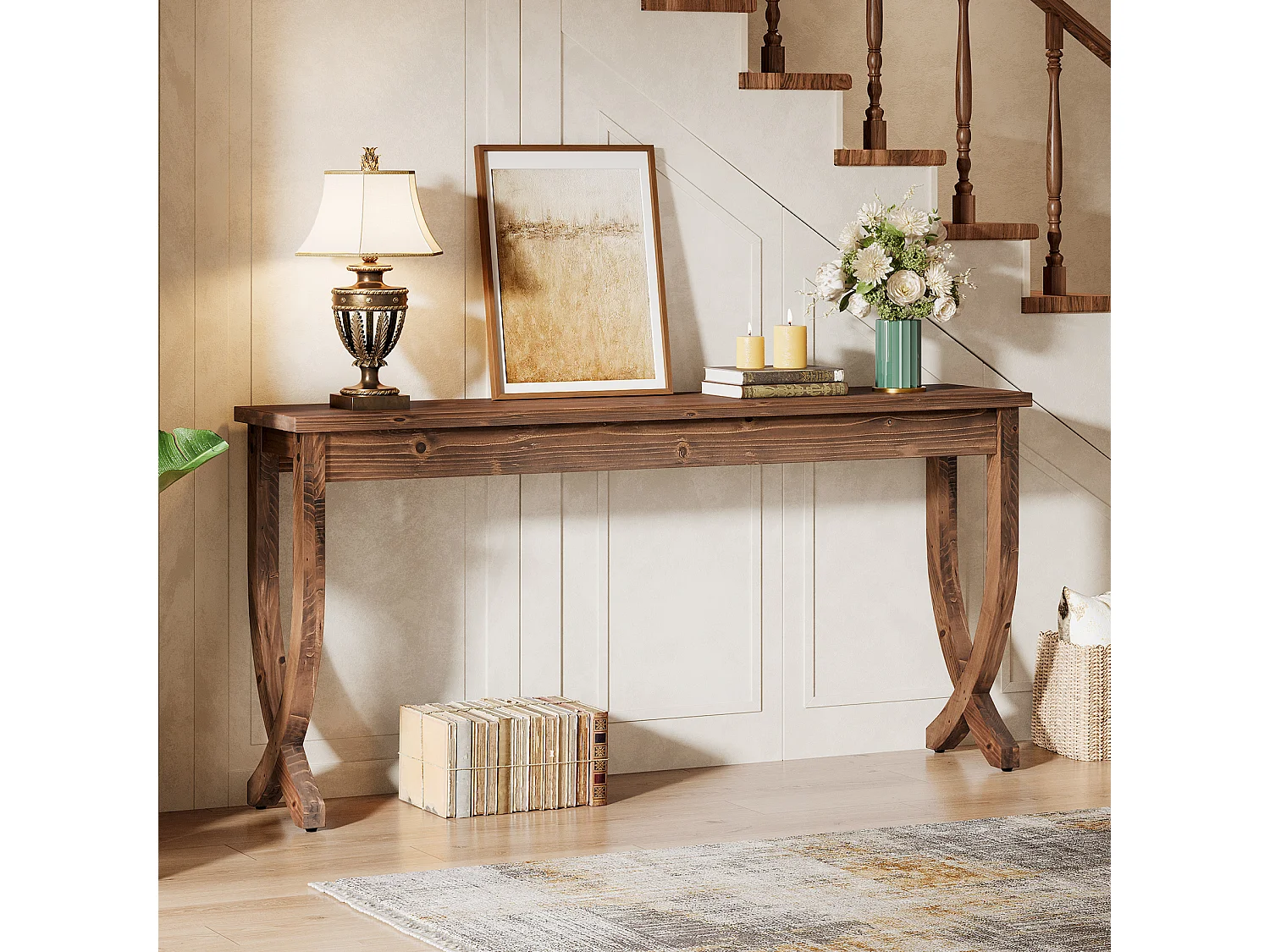 Mesa de Consola de Madeira Sólida 160cm, Mesa de Entrada no Estilo Rural, Mesa Longa para Sofá