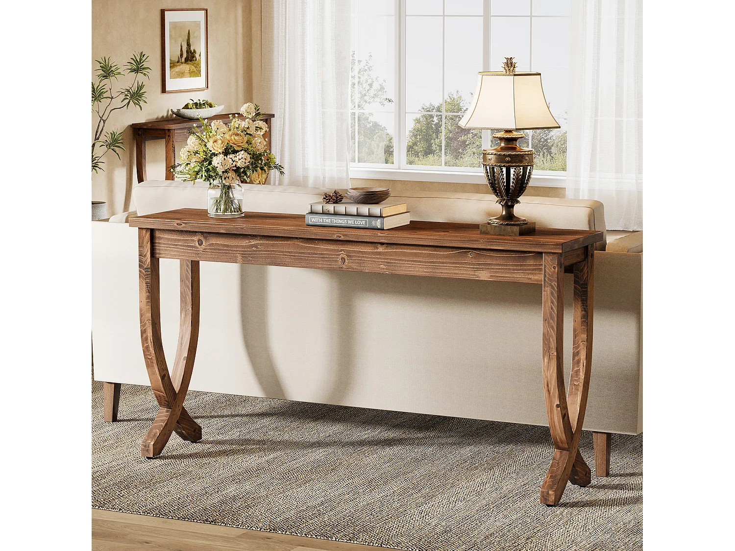 Mesa de Consola de Madeira Sólida 160cm, Mesa de Entrada no Estilo Rural, Mesa Longa para Sofá