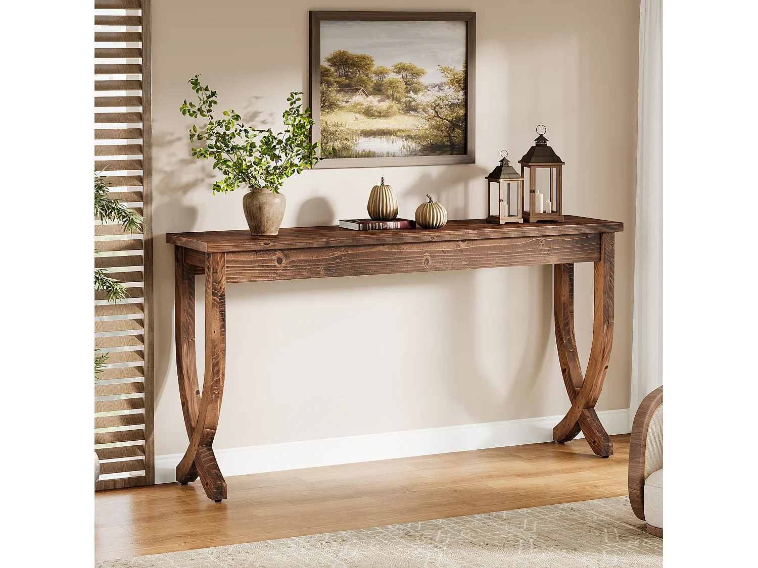 Mesa de Consola de Madeira Sólida 160cm, Mesa de Entrada no Estilo Rural, Mesa Longa para Sofá