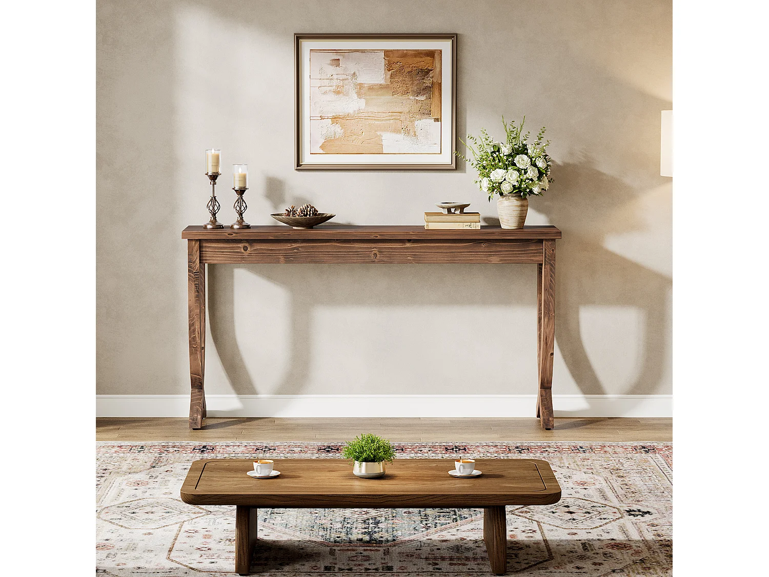 Mesa de Consola de Madeira Sólida 160cm, Mesa de Entrada no Estilo Rural, Mesa Longa para Sofá