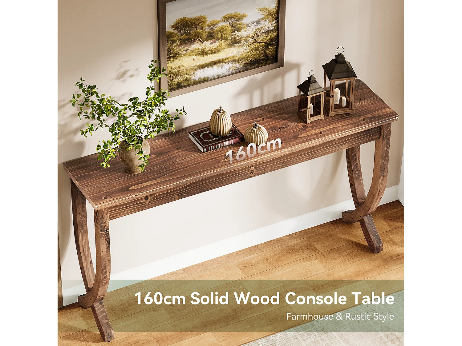 Mesa de Consola de Madeira Sólida 160cm, Mesa de Entrada no Estilo Rural, Mesa Longa para Sofá