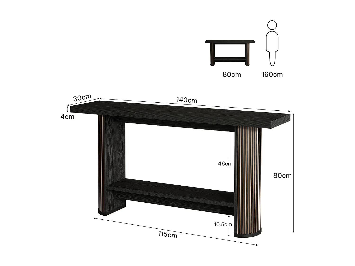 Moderne consoletafel 140 cm, zwarte smalle gangtafel, salontafel met 2 planken