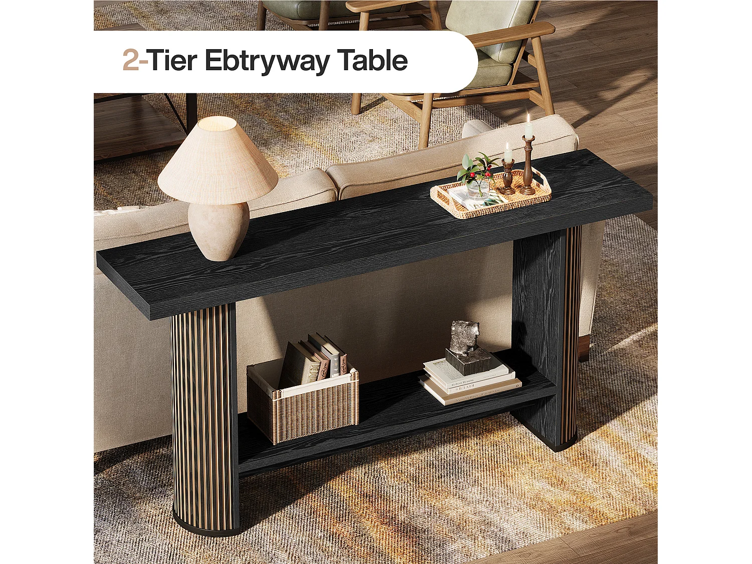 Moderne consoletafel 140 cm, zwarte smalle gangtafel, salontafel met 2 planken