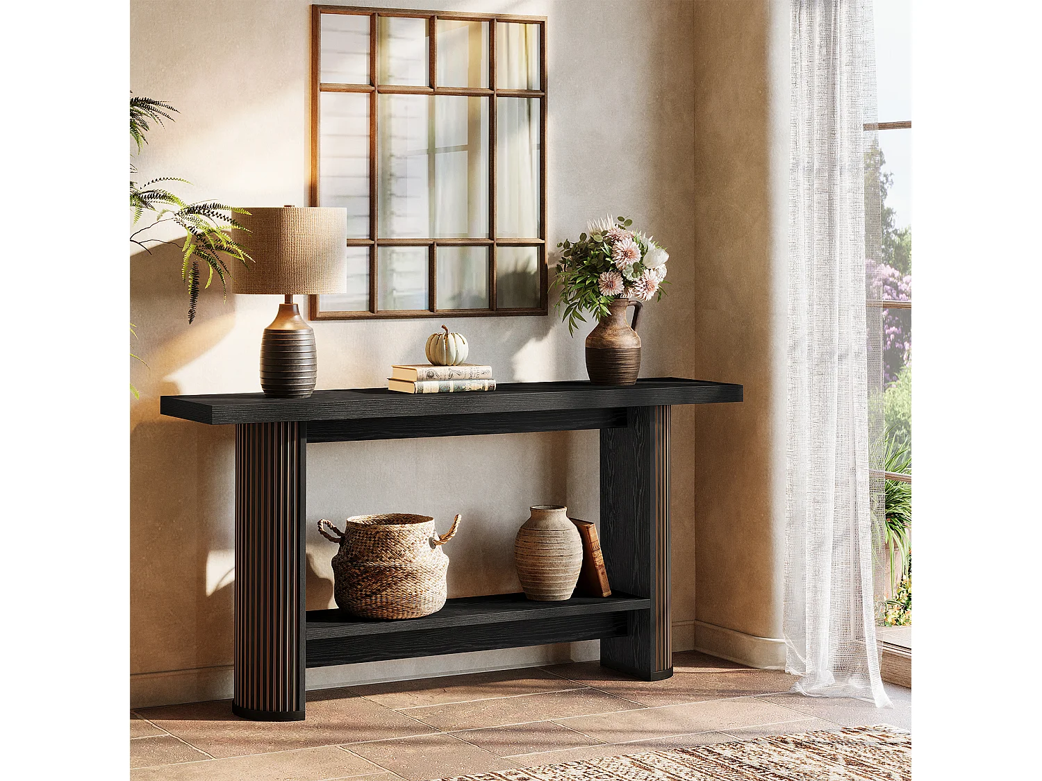 Console moderne 140 cm, table d'entrée étroite noire, table de canapé avec 2 étagères
