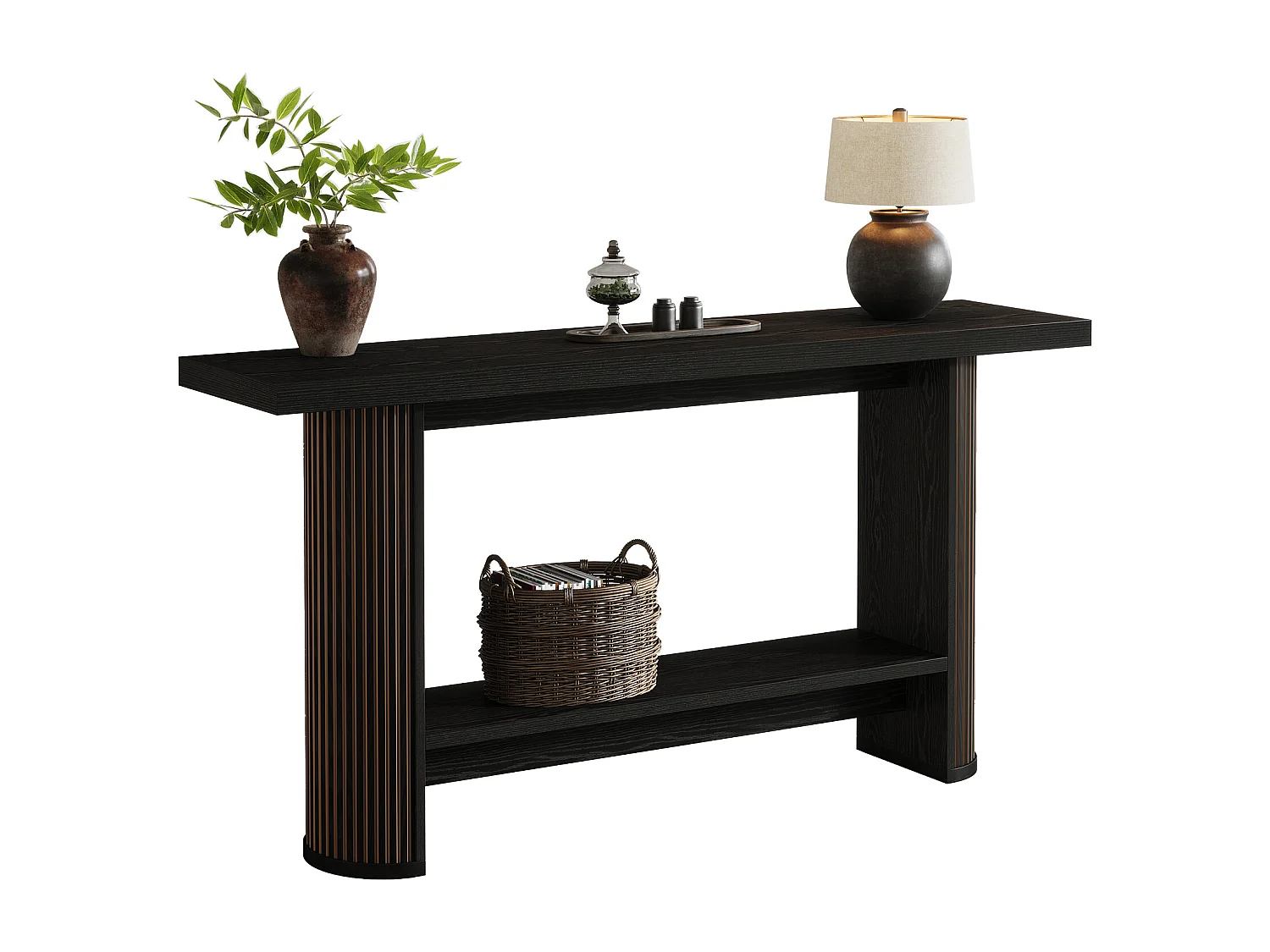 Console moderne 140 cm, table d'entrée étroite noire, table de canapé avec 2 étagères