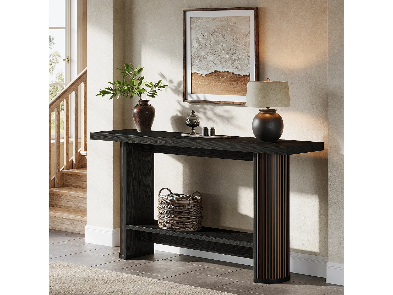 Console moderne 140 cm, table d'entrée étroite noire, table de canapé avec 2 étagères