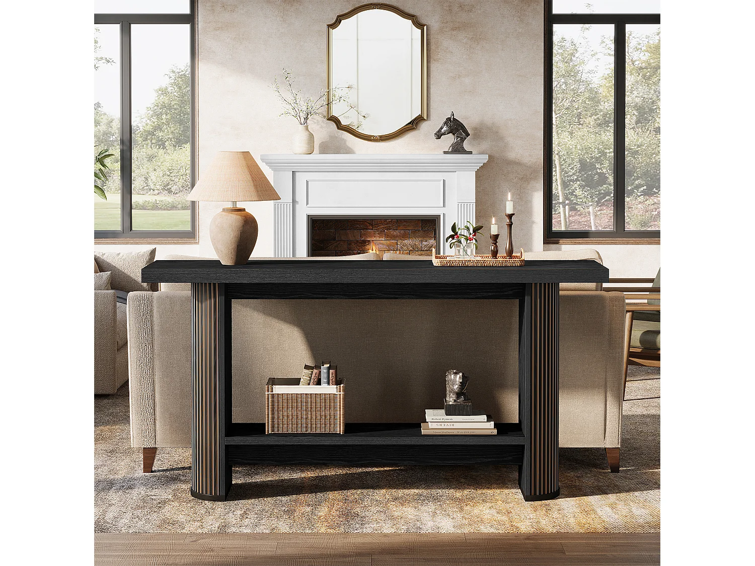 Console moderne 140 cm, table d'entrée étroite noire, table de canapé avec 2 étagères