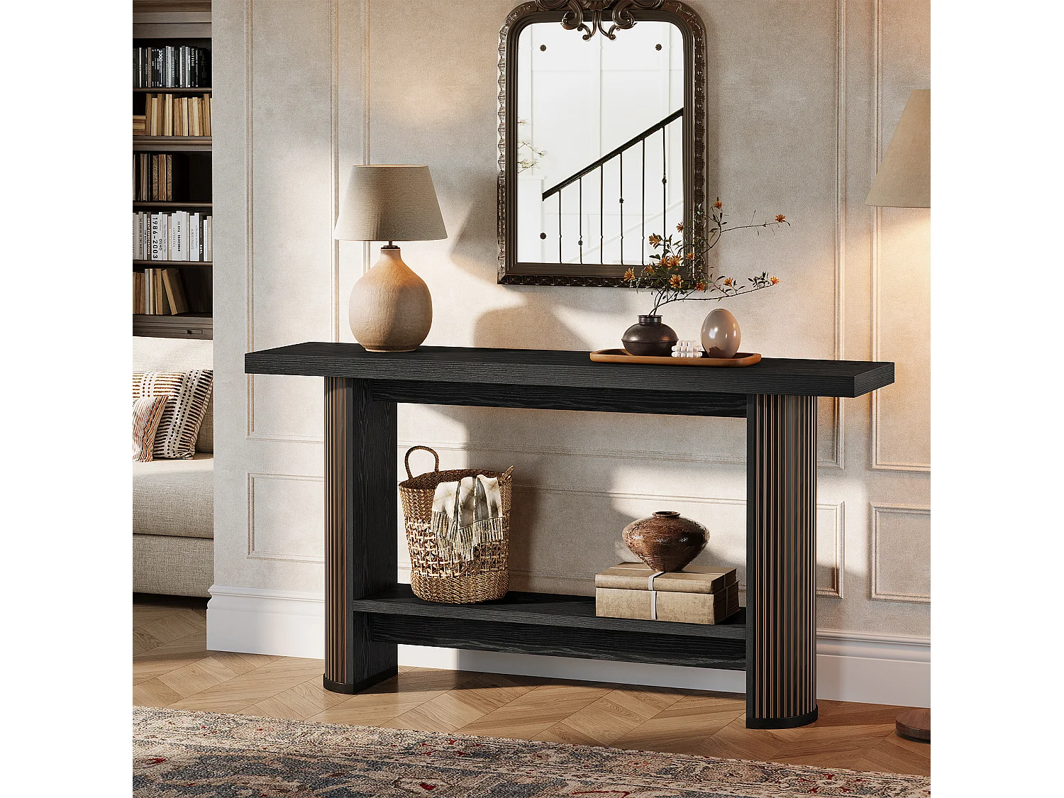 Console moderne 140 cm, table d'entrée étroite noire, table de canapé avec 2 étagères