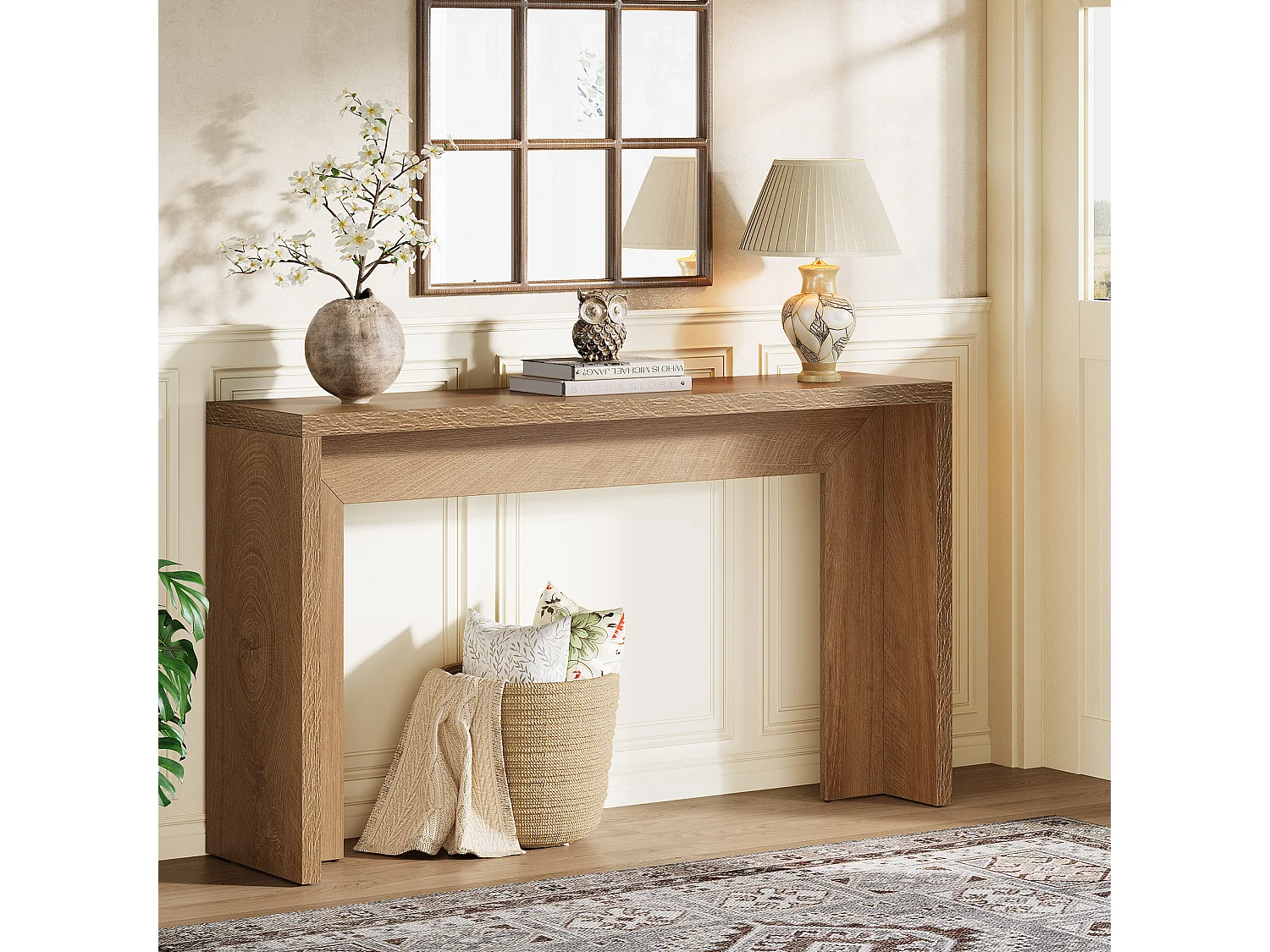 Mesa de Consola Rural de 140cm, Mesa de Sofa de Madeira atrás do Sofá com Armazenamento, Entrada Longa e Narrow