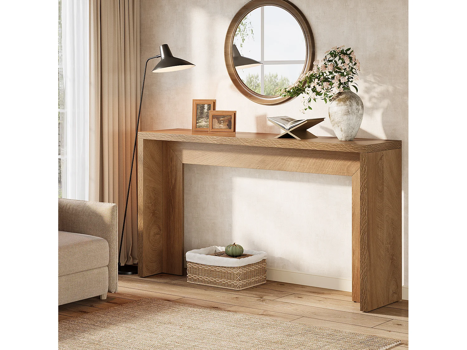 Mesa de Consola Rural de 140cm, Mesa de Sofa de Madeira atrás do Sofá com Armazenamento, Entrada Longa e Narrow