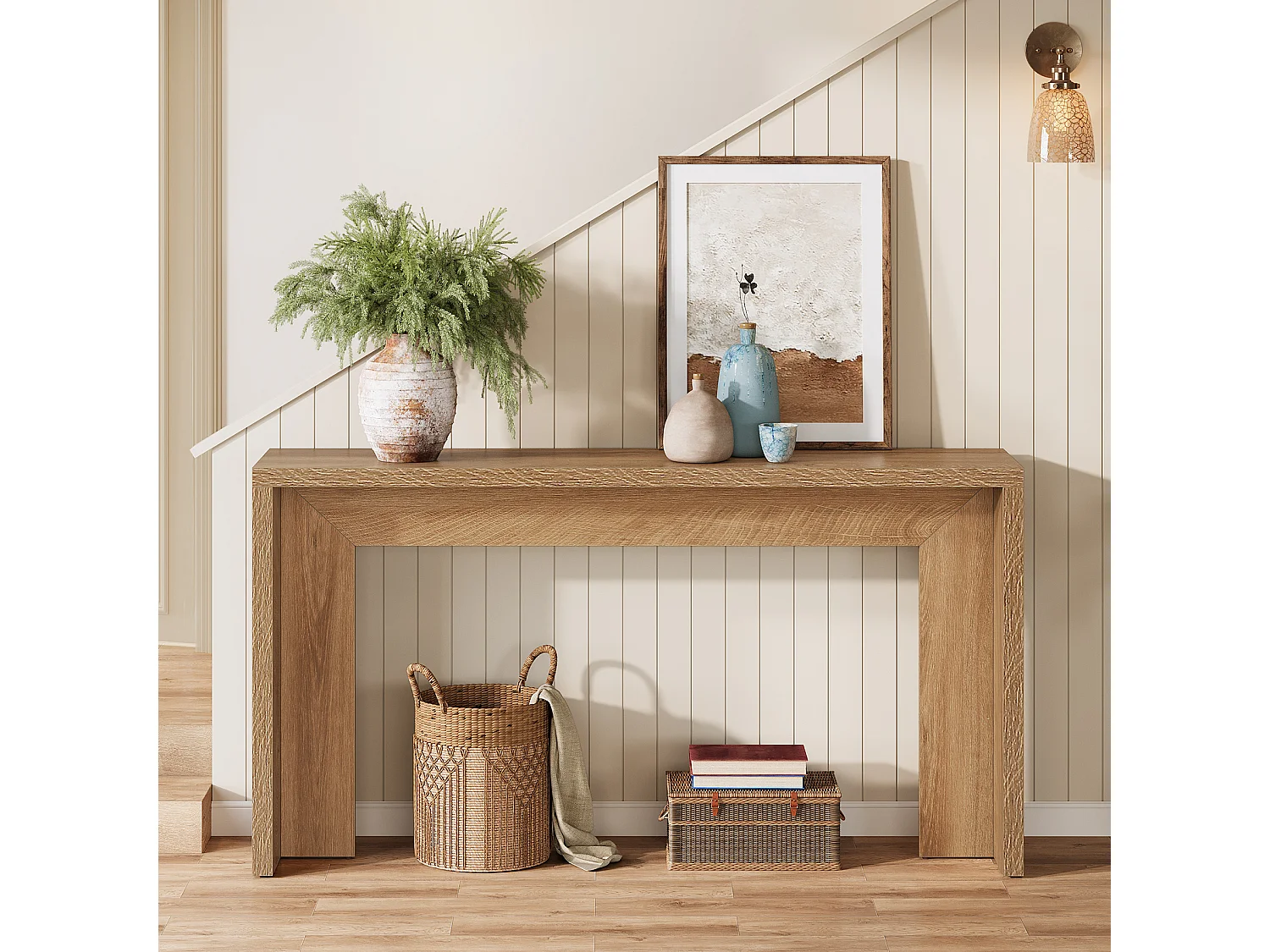 Mesa de Consola Rural de 140cm, Mesa de Sofa de Madeira atrás do Sofá com Armazenamento, Entrada Longa e Narrow