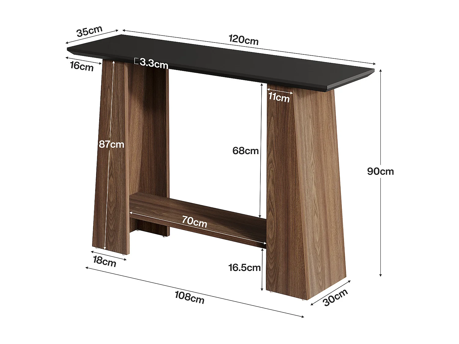 Mesa de consola para entrada, mesa de sofá de madera estrecha moderna de 2 niveles de 120 cm