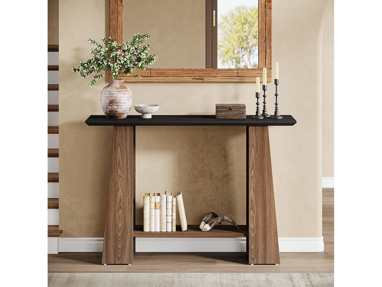 Mesa de consola para entrada, mesa de sofá de madera estrecha moderna de 2 niveles de 120 cm