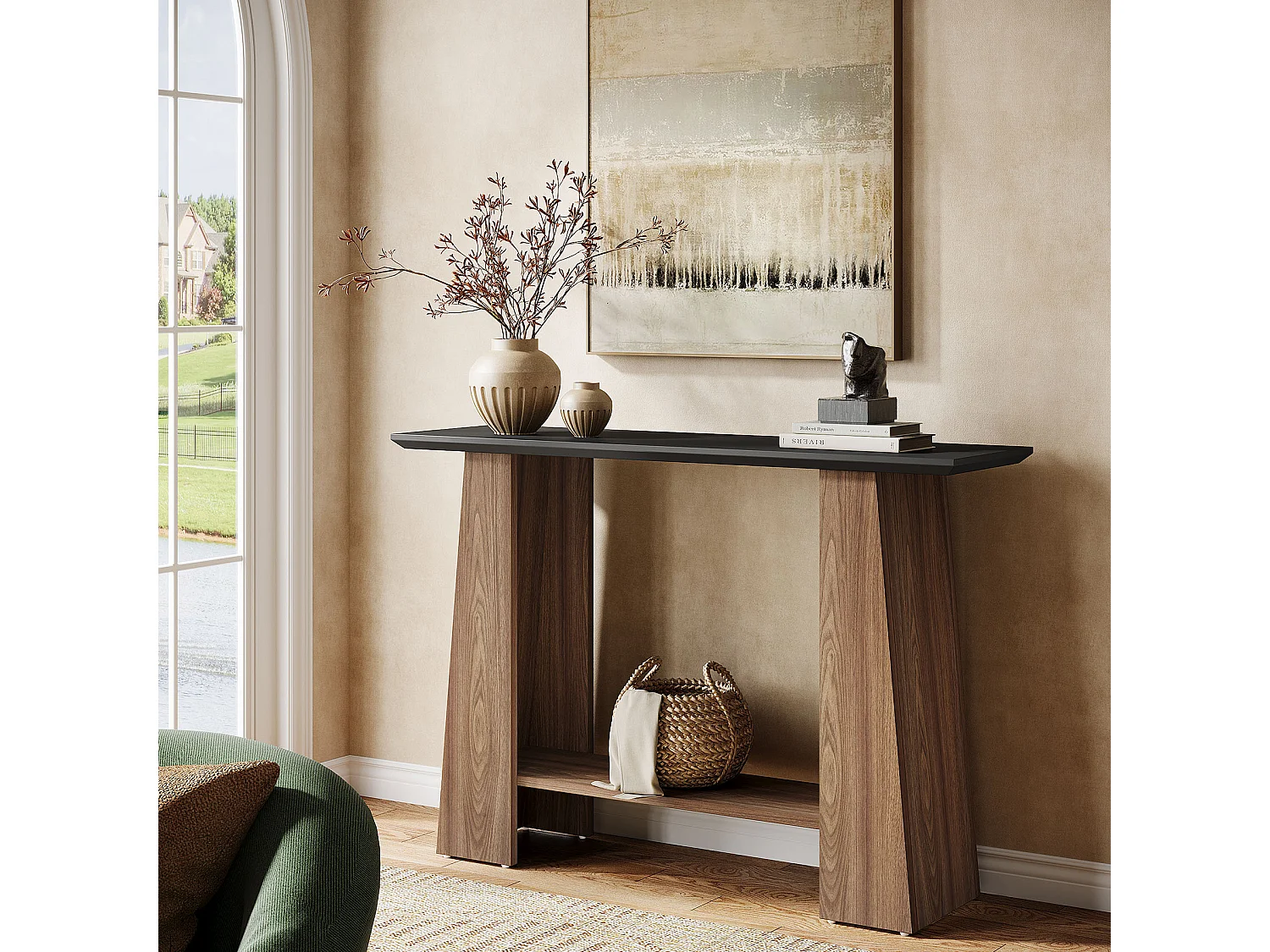 Mesa de consola para entrada, mesa de sofá de madera estrecha moderna de 2 niveles de 120 cm